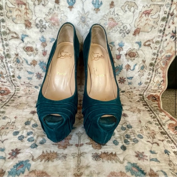Christian Louboutin Ruched Teal Peep-Toe Suede Heels - Picture 3 of 9